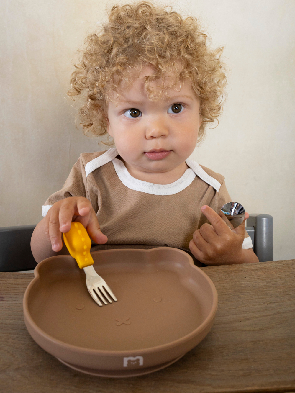 Силиконовая тарелка на присоске 400 мл Мишка, Hazelnut