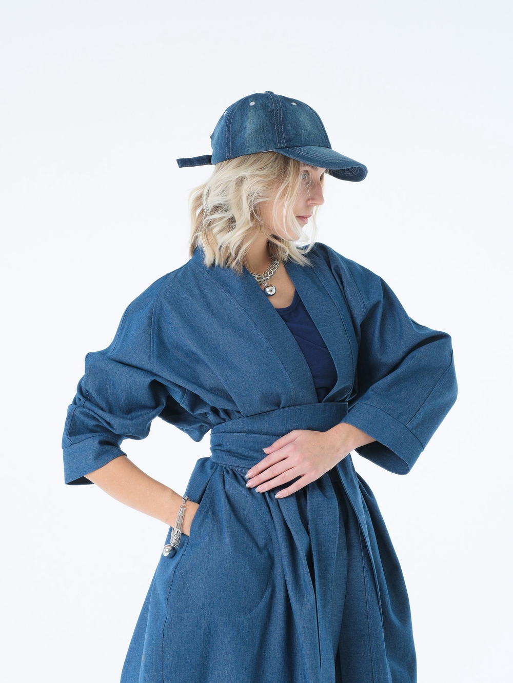 Кафтан /джинс / синий+ кушак