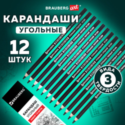 Карандаши (НАБОР 12 штук) угольные BRAUBERG ART CLASSIC, (МЯГКИЙ, СРЕДНИЙ, ТВЕРДЫЙ), 181293