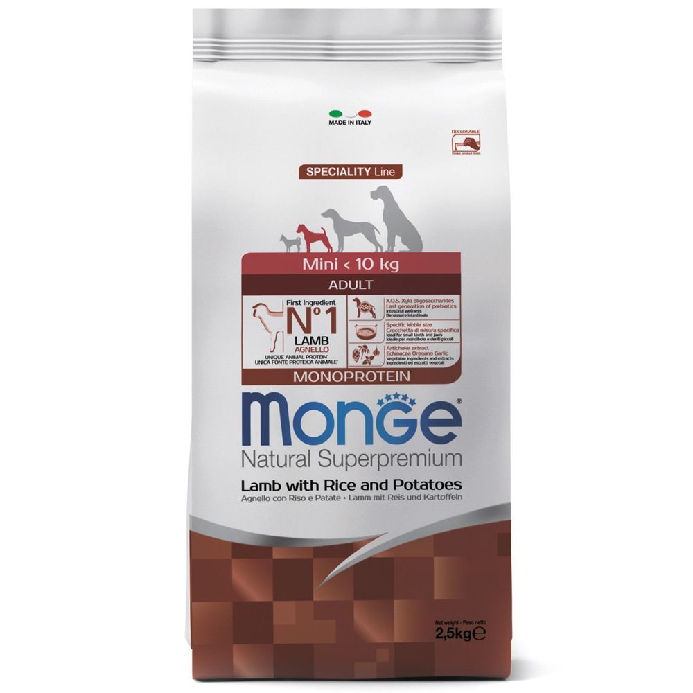 Сухой корм Monge Dog Speciality Line Monoprotein Mini для взрослых собак мелких пород, из ягненка с рисом и картофелем
