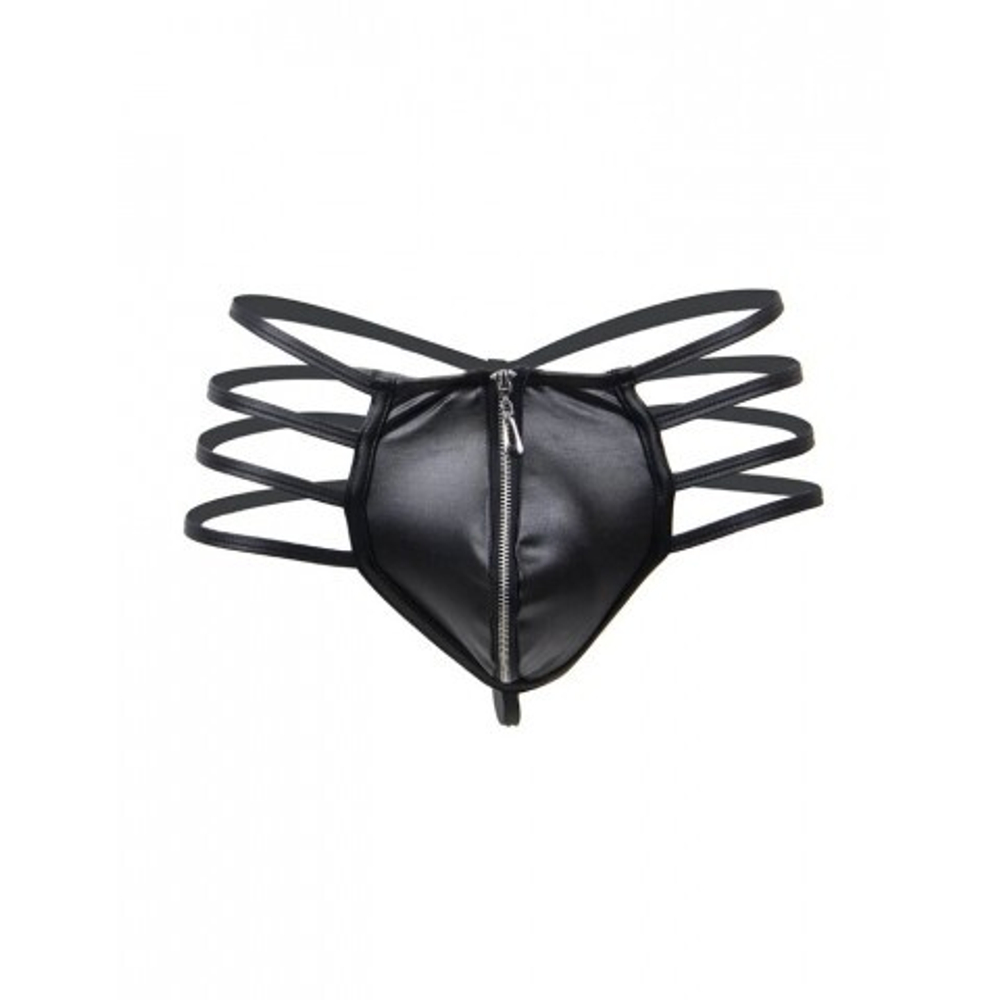 Кожаные мужские стринги Ohyeah Zipper Black, на молнии со стрепами, XL