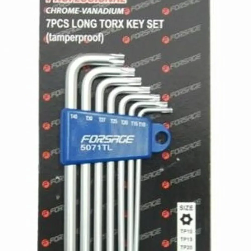 Набор ключей TORX Г-образных длинных с отверстием 7пр.(Т10Н,Т15Н,Т20Н,Т25Н,Т27Н,Т30Н,Т40Н) в пластиковом держателе Forsage F-5071TL