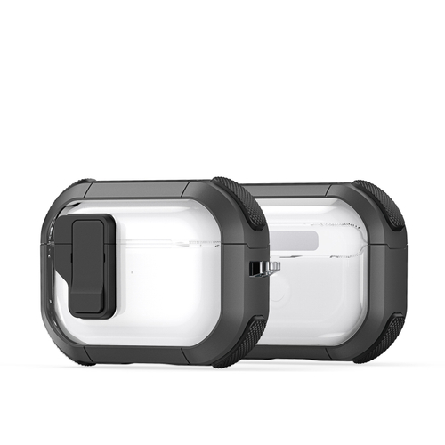 Чехол от Dux Ducis с замком для AirPods Pro 2, прозрачный с вставками серого цвета (GreyBlack), серия PECN Series Case, в комплекте с карабином