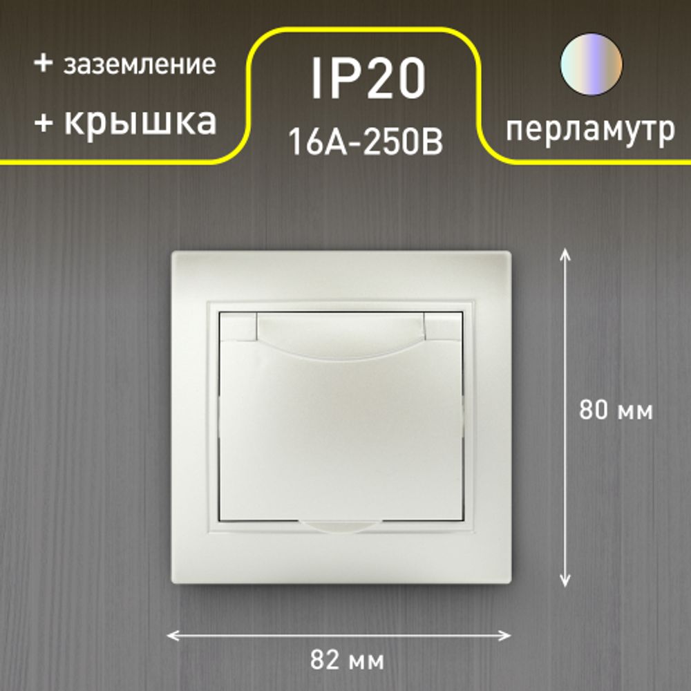 Розетка Intro Plano 1-203-06 с заземлением 2P+E Schuko с крышкой, 16А-250В, IP20, СУ, перламутр