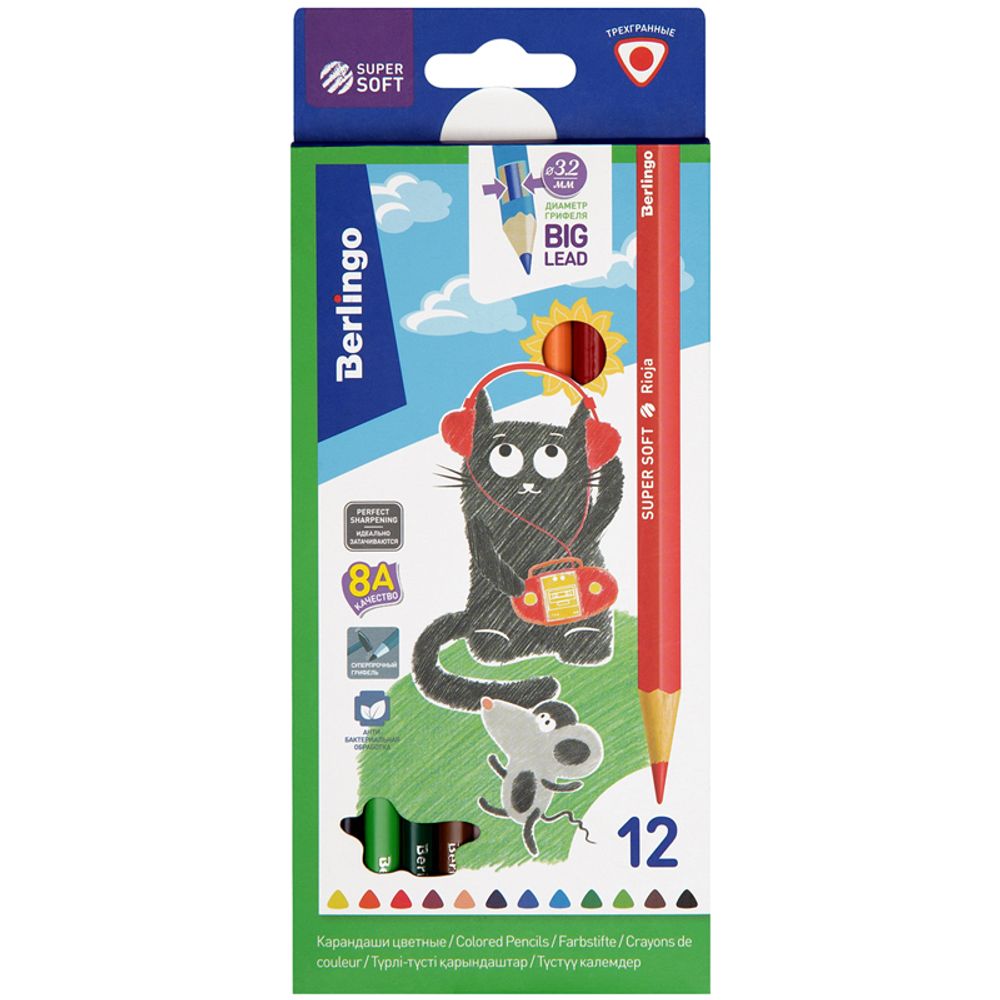Карандаши цветные Berlingo "SuperSoft. Жил-был кот", 12цв., трехгран., заточен., картон, европодвес