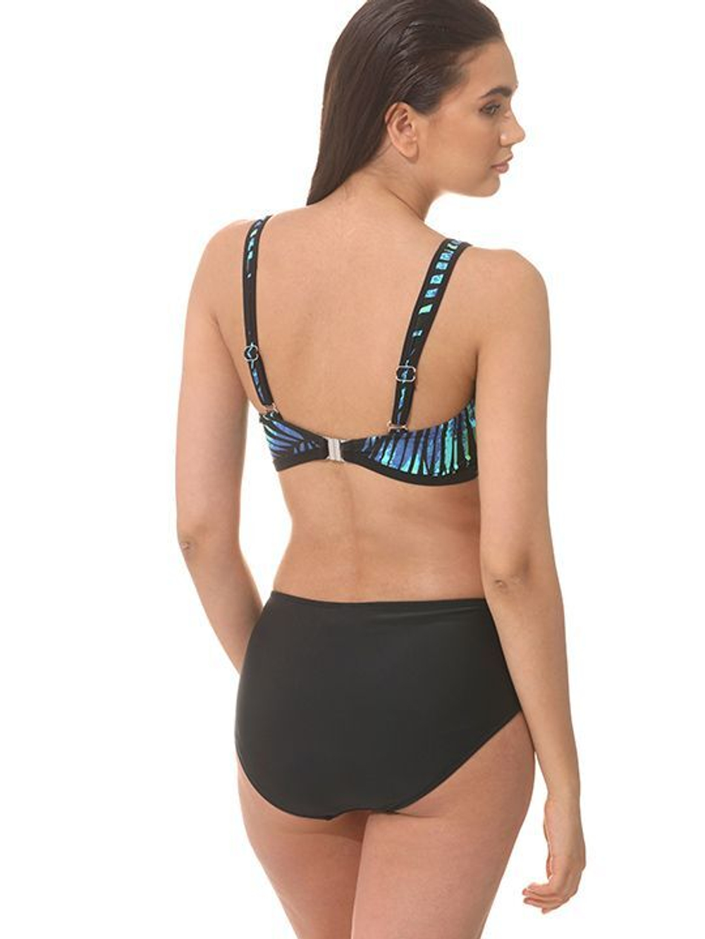 Раздельный купальник: принтованный лиф и высокие плавки (Размер: D/M) (Цвет: синий с черным)