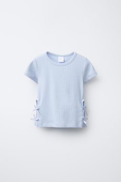 ZARA ФУТБОЛКА В РУБЧИК С ВЫРЕЗОМ И БАНТАМИ, СИНИЙ