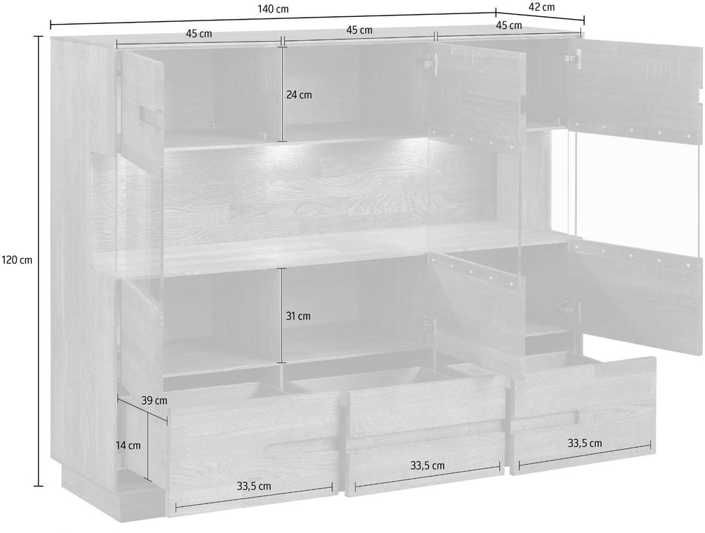 Шкаф витрина стеклянная Паво из массива дуба с подсветкой / буфет для посуды и книг в гостиную с закаленным стеклом / 3 двери, 3 ящика