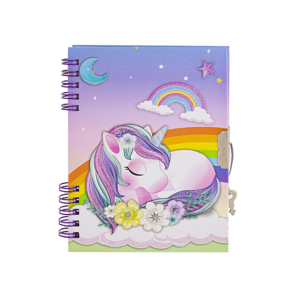 Блокнот в футляре, 18 см * 19,5 см, гребень, Alingar, глиттер, ручка, замочек, линия, 50 л., "Милая единорожка", лавандовый