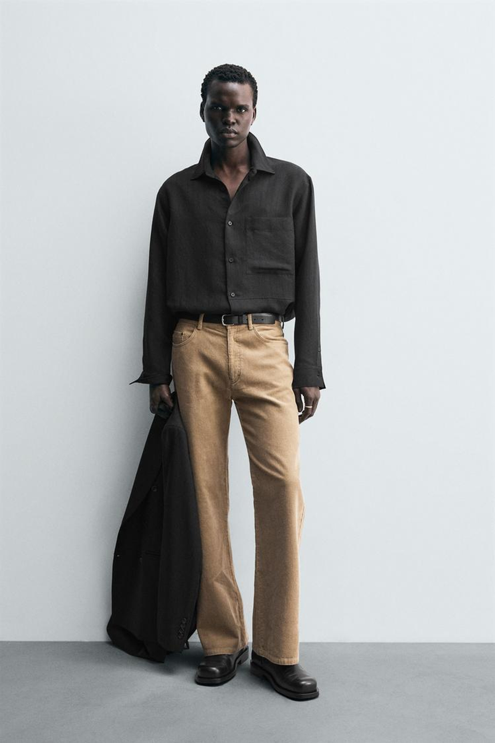 ZARA РУБАШКА СВОБОДНОГО КРОЯ В ПОЛОСКУ, ЧЕРНЫЙ