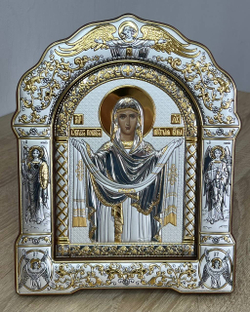 Покрова БМ, икона арочная с рамкой под стеклом, белое дерево 206х270
