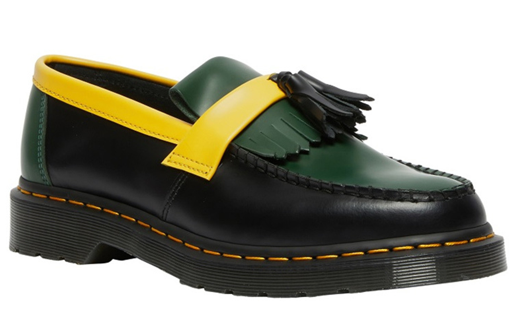 Dr.Martens Dr. Martin Adrian glossy leather contrast color tassel platform shoes for men and women with the same style black, green and yellow