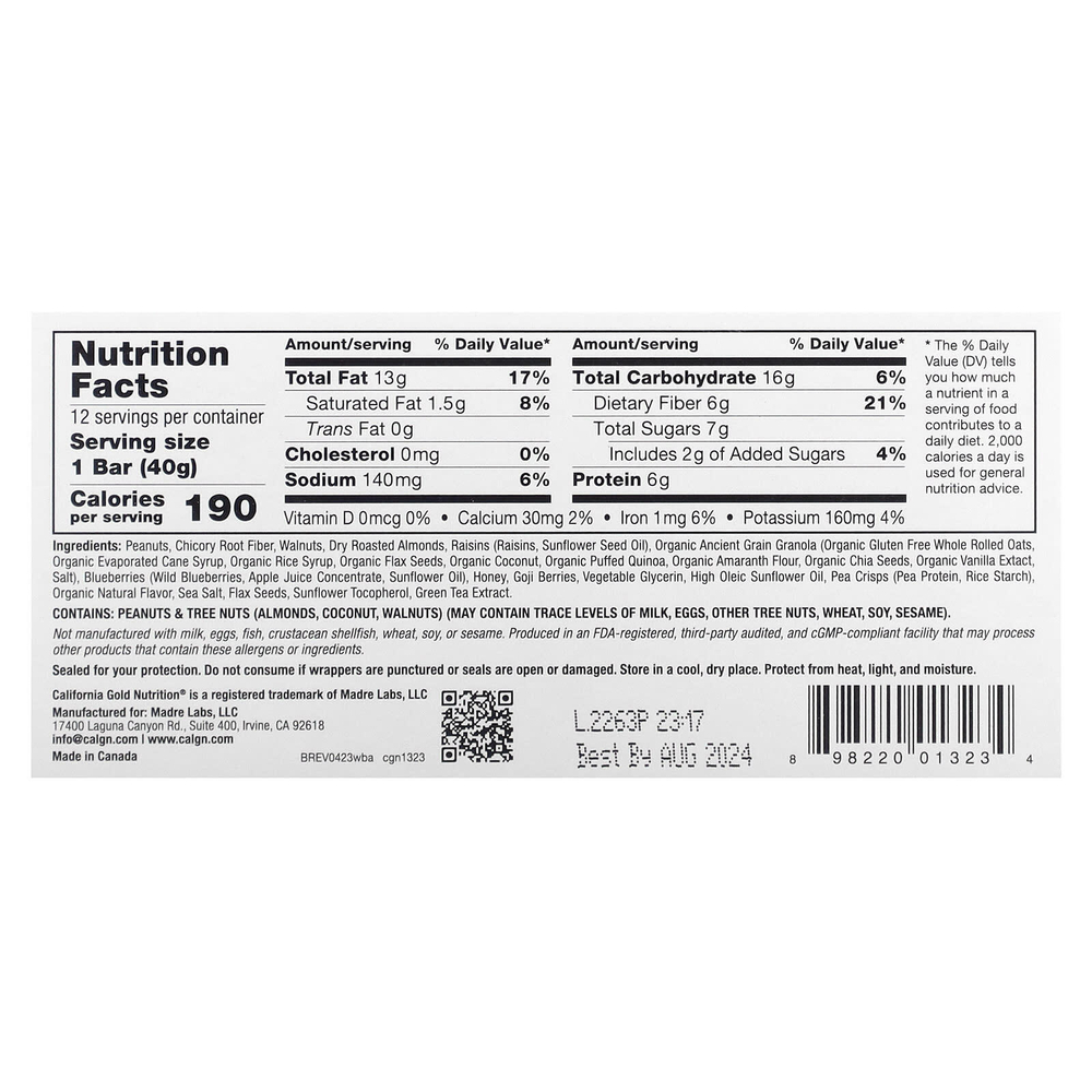 California Gold Nutrition, Foods, жевательные батончики-мюсли с дикой голубикой и миндалем, 12 шт. по 40 г (1,4 унции)