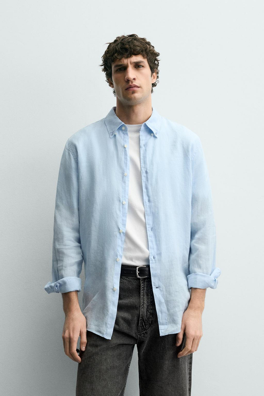 ZARA РУБАШКА REGULAR FIT ИЗ 100% ЛЬНА, НЕБЕСНО-ГОЛУБОЙ
