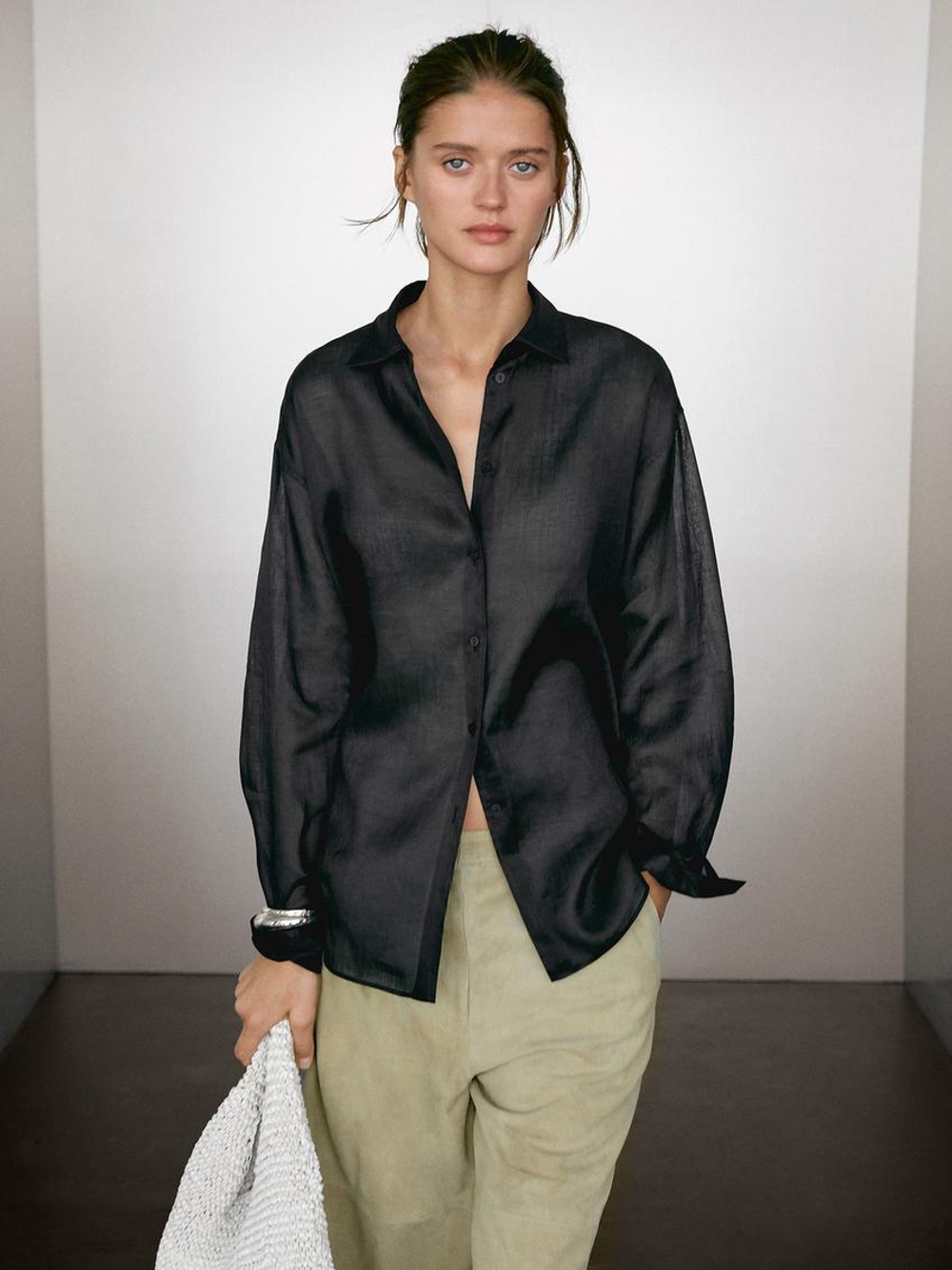 Massimo Dutti Легкая рубашка из полупрозрачной 100% ткани рами, черный