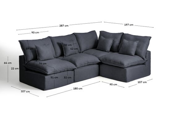 Угловой диван Anarela на 4 места со съемными чехлами из темно-серого льна и вискозы, 287 x 197