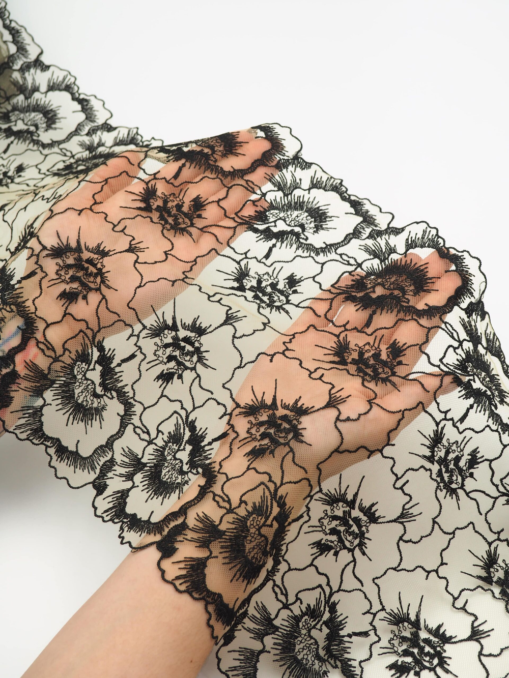 Вышивка на сетке загорелая телесная с черным неэластичная ширина 25 см ОТРЕЗ 1,55 м