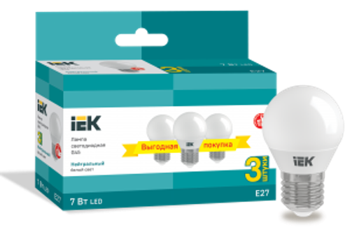 Лампа светодиодная G45 шар 7Вт 230В 4000К E27 (3шт/упак) IEK