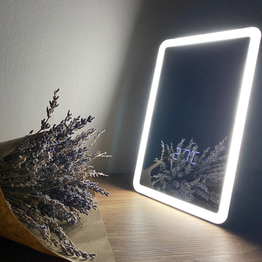 TLD-591 Brown-LED-80Lm-6000K-Dimmer-T+M Настольный светильник зеркало. 4W. Встроенный аккумулятор 3.7V-600mAh. Сенсорный выключатель. Диммер. Часы. Термометр. Коричневый. ТМ Uniel