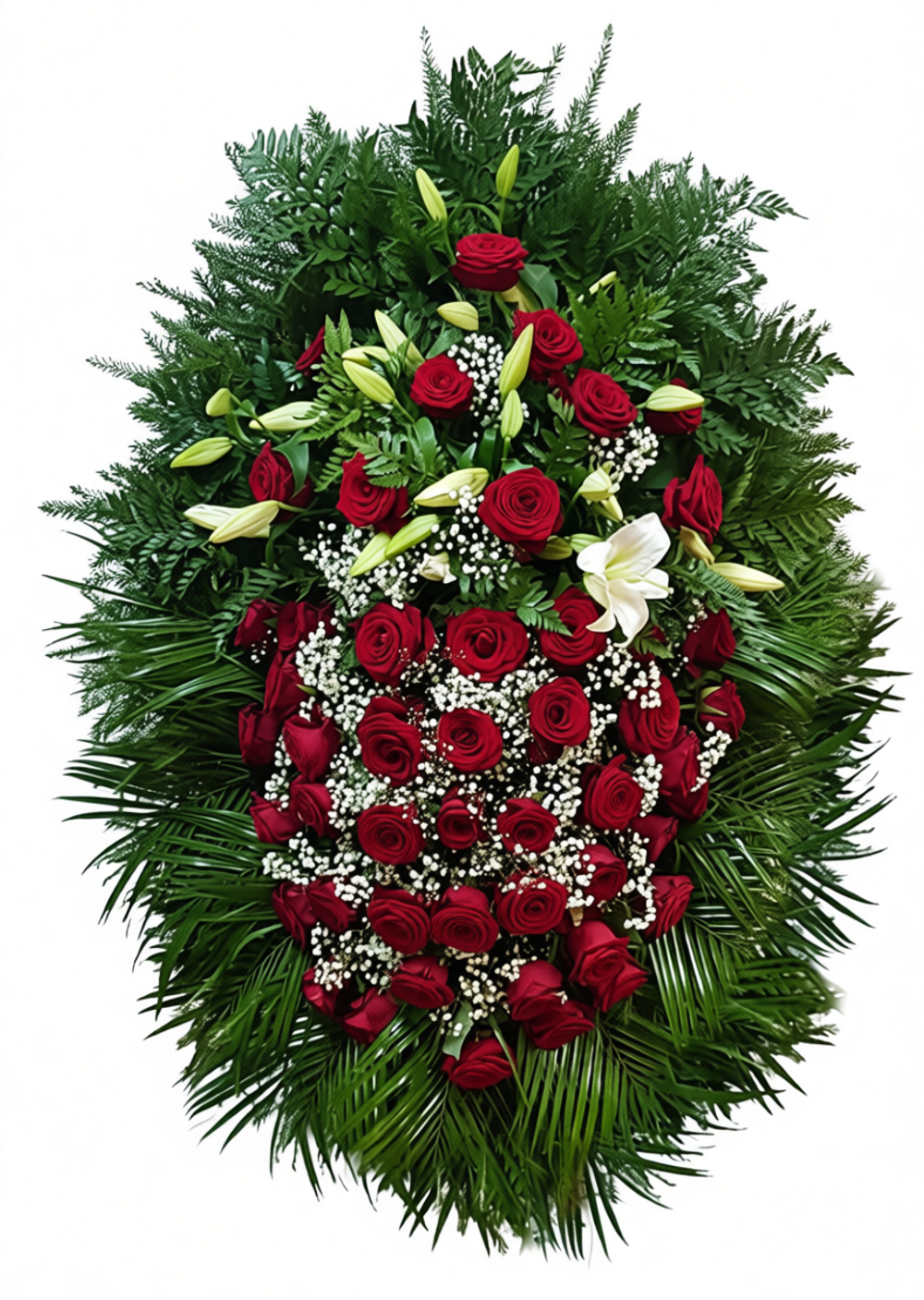 Траурный венок из живых бордовых роз, белых лилий и натуральной хвои, размер 120 см