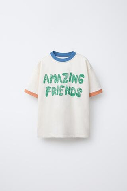 ZARA ФУТБОЛКА С КОНТРАСТНОЙ НАДПИСЬЮ, ЭКРЮ