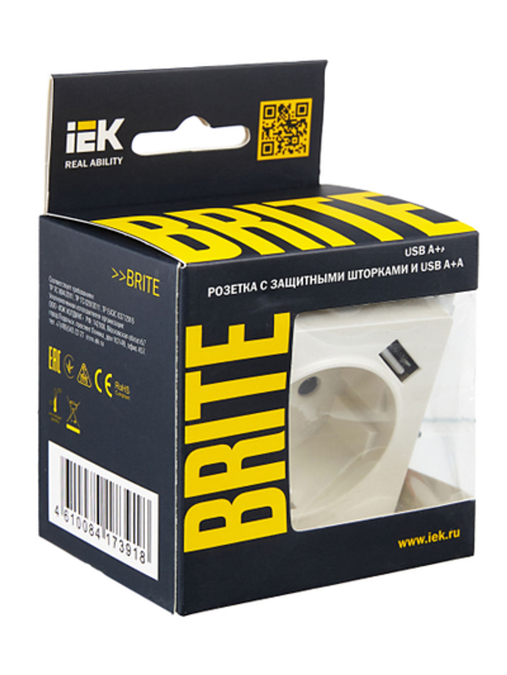 BRITE Розетка 1-местная с заземлением с защитными шторками 16А с USB A+A 5В 3,1А РЮш10-2-БрБ белый IEK