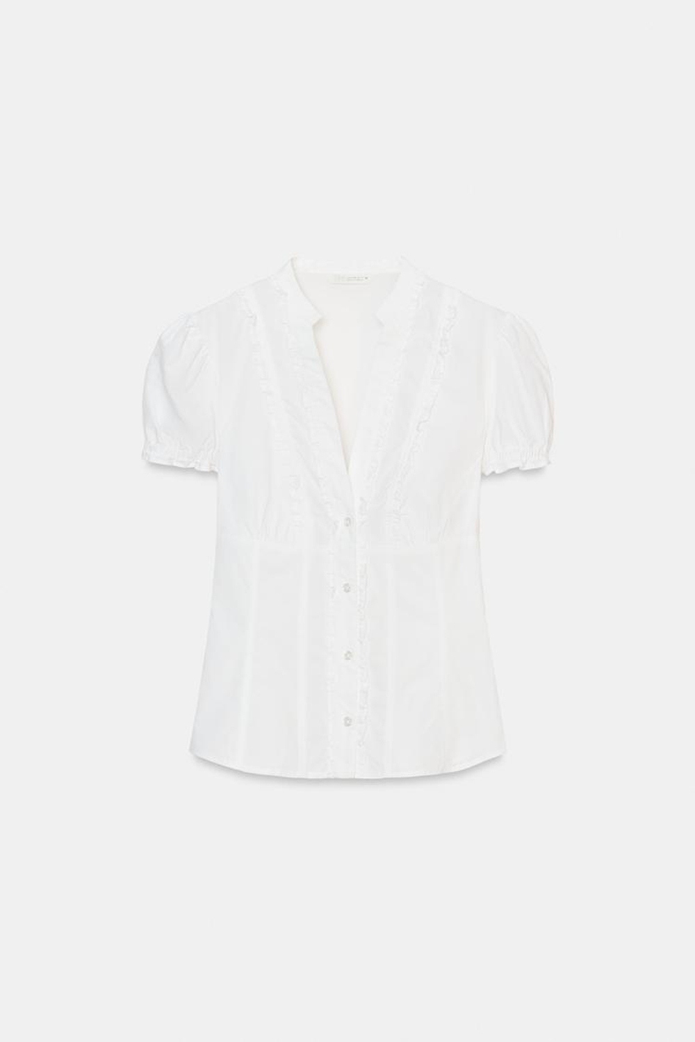 ZARA РУБАШКА ИЗ ПОПЛИНА С ВОЛАНАМИ, БЕЛЫЙ