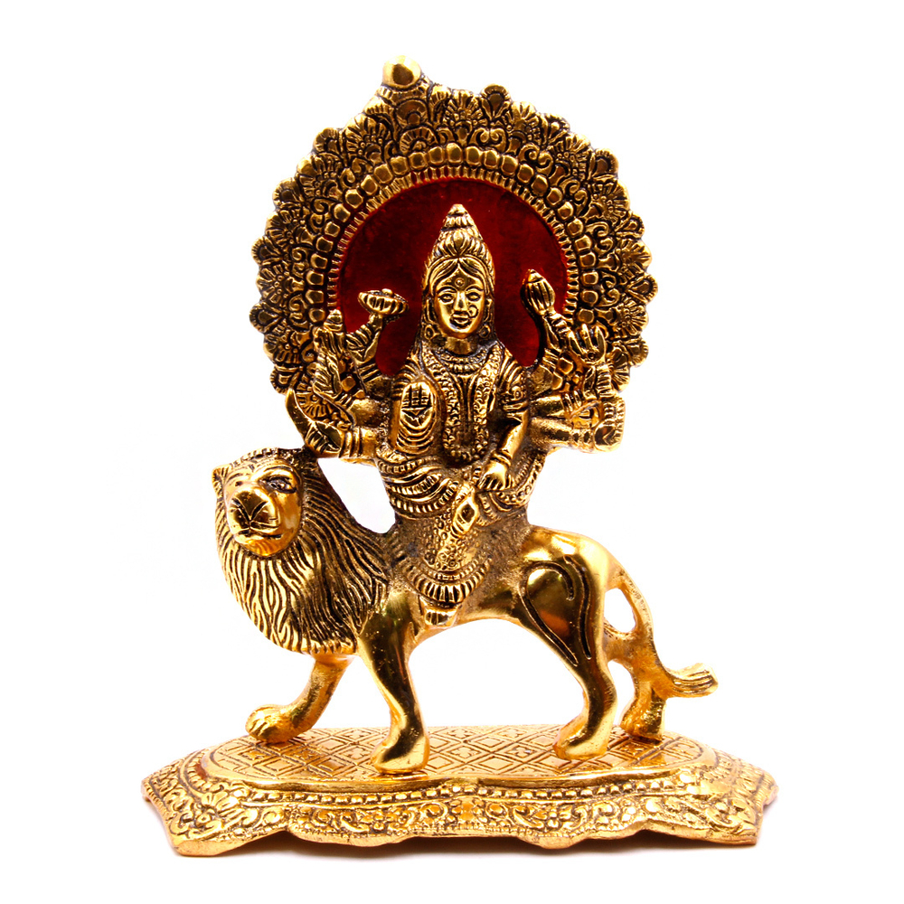 Статуэтка Дурга на льве защита и покровительство уничтожение любых преград, цвет золотистый, металл силумин 20x16,5 см
