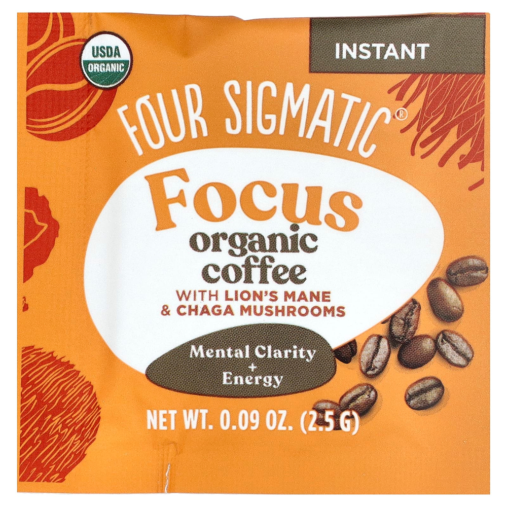 Four Sigmatic, Focus, растворимый органический кофе с ежовиком гребенчатым и грибами чага, средней обжарки, 10 пакетиков по 2,5 г (0,09 унции)
