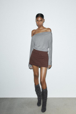 ZARA ЮБКА-ШОРТЫ С РЕМНЕМ, СЕРО-ГРАНАТОВЫЙ