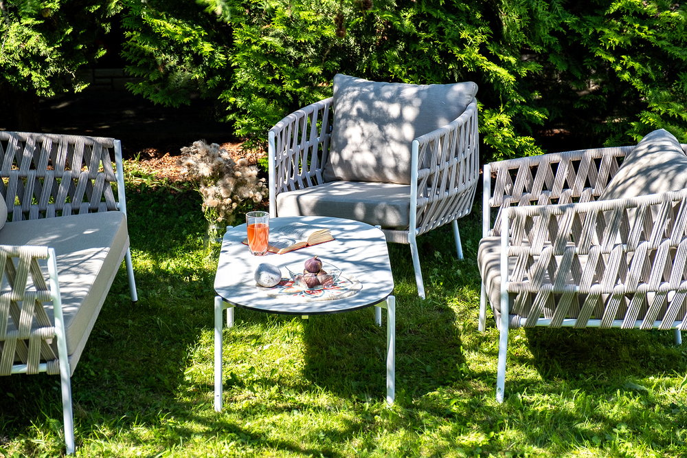 "Форли" лаунж-зона 4-местная плетеная из роупа (веревки), каркас алюминиевый светло-серый, роуп серо-коричневый