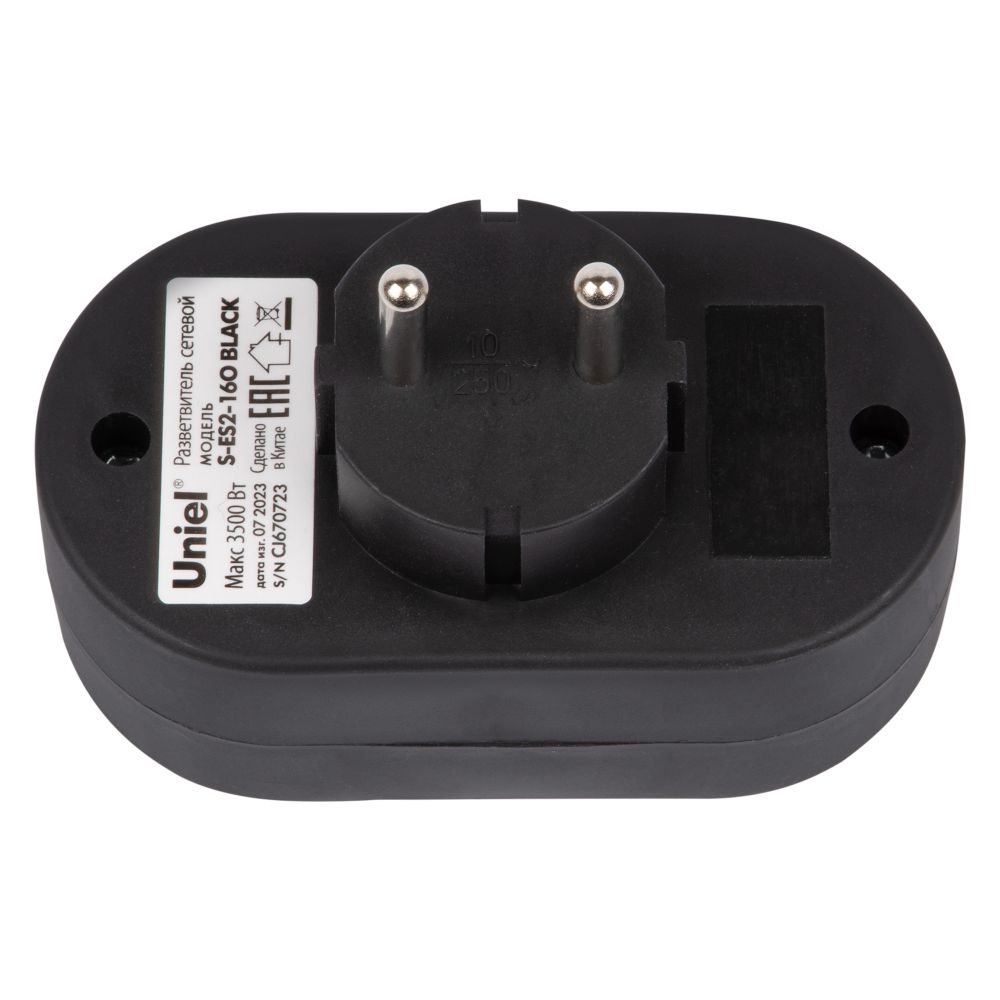 S-ES2-16O BLACK Разветвитель сетевой. б-з. 2 гнезда. 16А. 3500Вт. Черный. ТМ Uniel