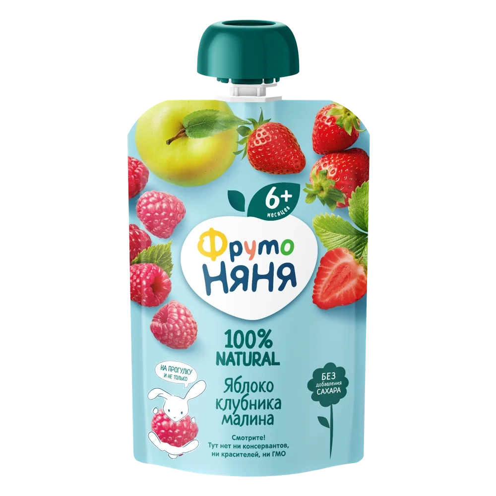 Фрутоняня пауч пюре из яблок, клубники и малины 90г с 6 месяцев