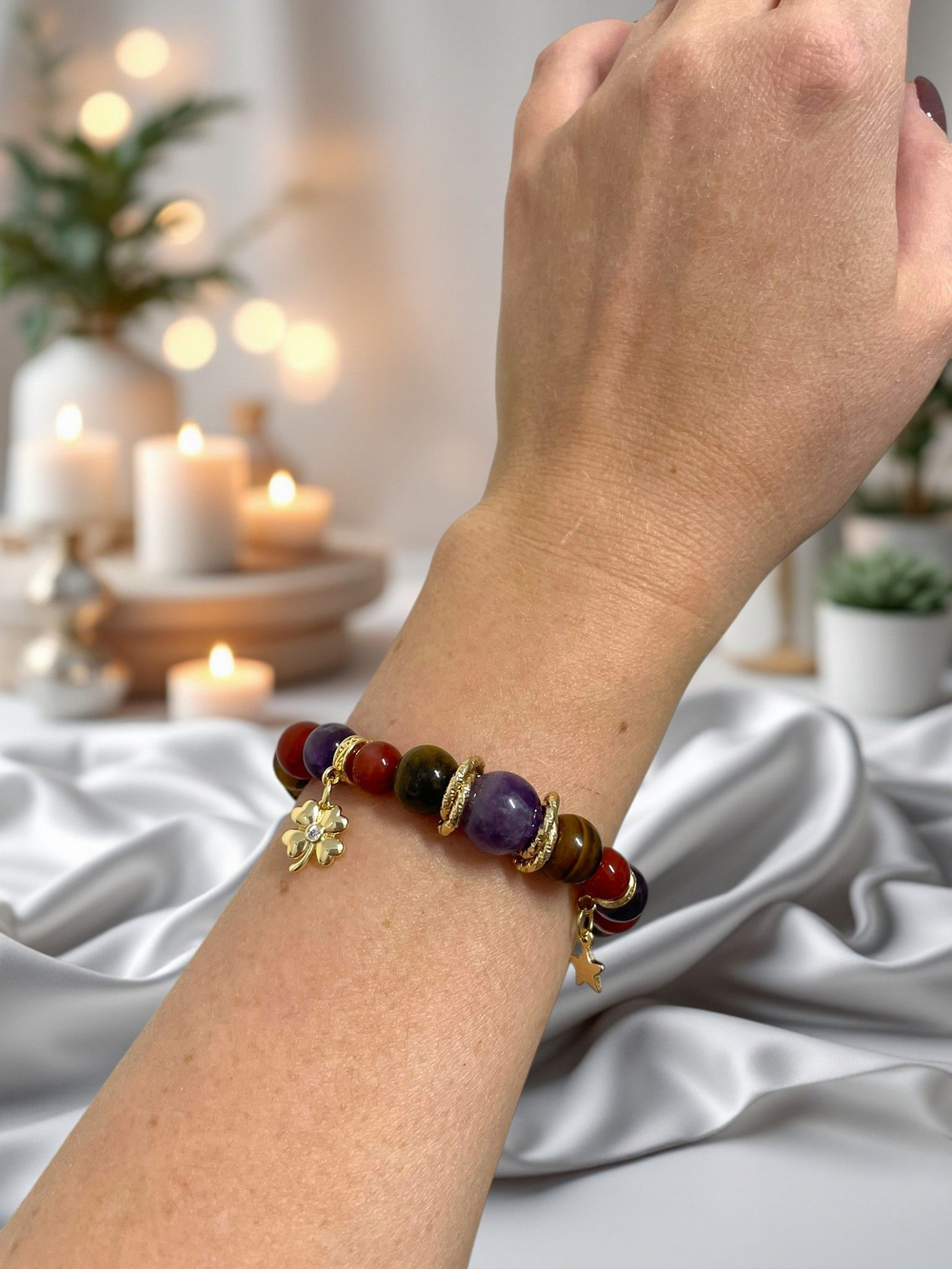 Браслет для Стрельца, тигр глаз, аметист, сердолик