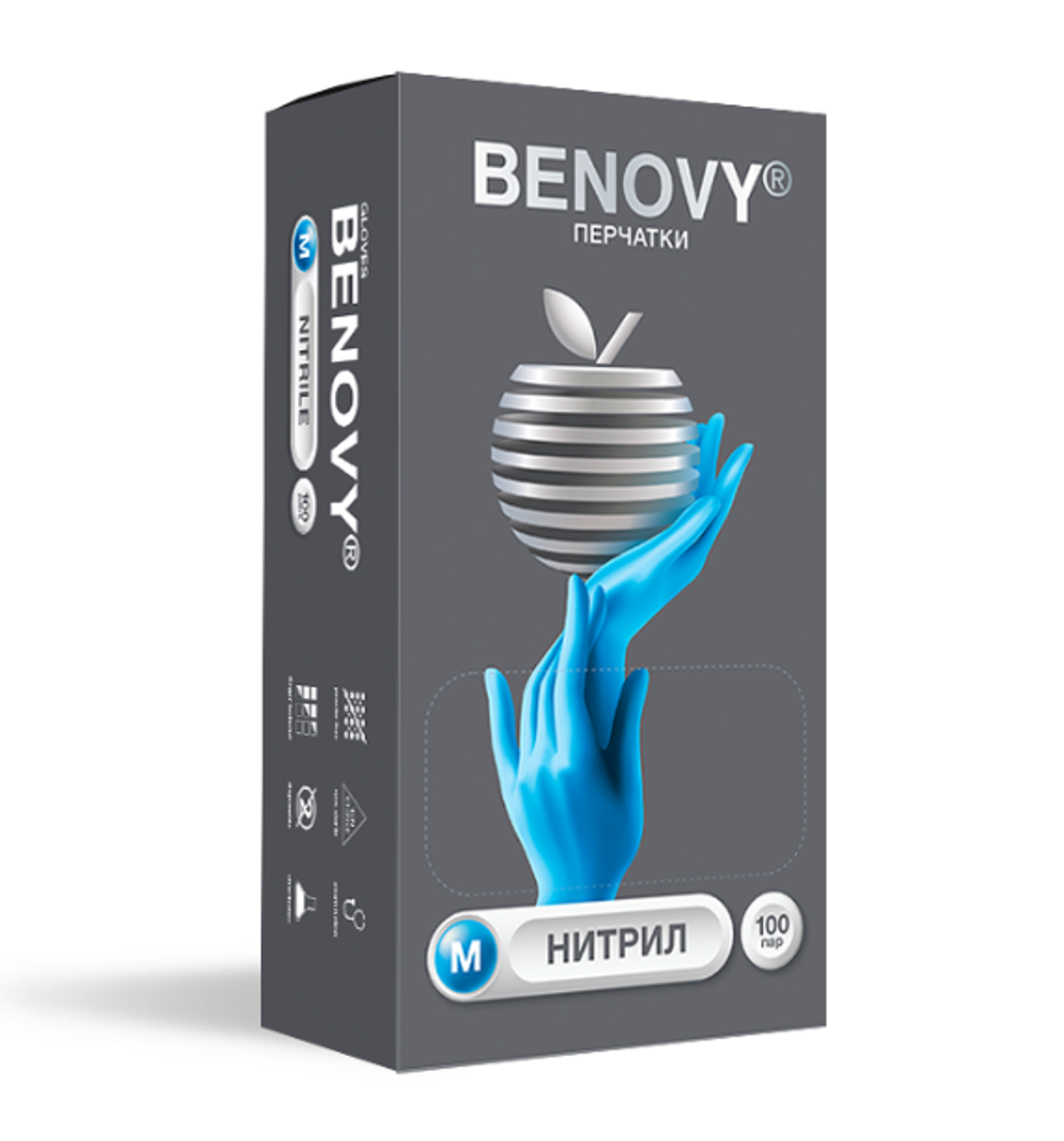 Перчатки BENOVY нитр. тескст. на пальцах нестер.,голубые р.М №100 ЧЗ