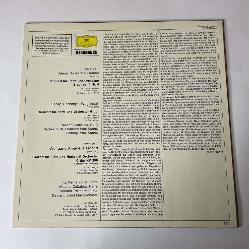 Винтажная виниловая пластинка LP Nicanor Zabaleta, Handel Гендель, Wagenseil, Mozart Моцарт, Harfenkonzerte Концерты Для Арфы (Германия 1977) Deutsche Grammophon