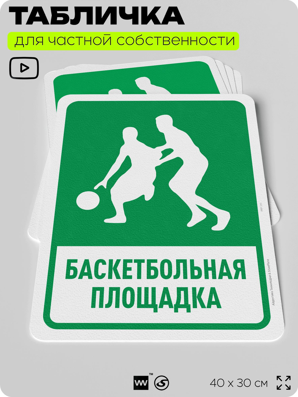 Табличка для частной территории "Баскетбольная площадка", на дом, для участка, организаций и частных территорий, предупреждающая, 40х30 см, Silver Plane x Айдентика Технолоджи