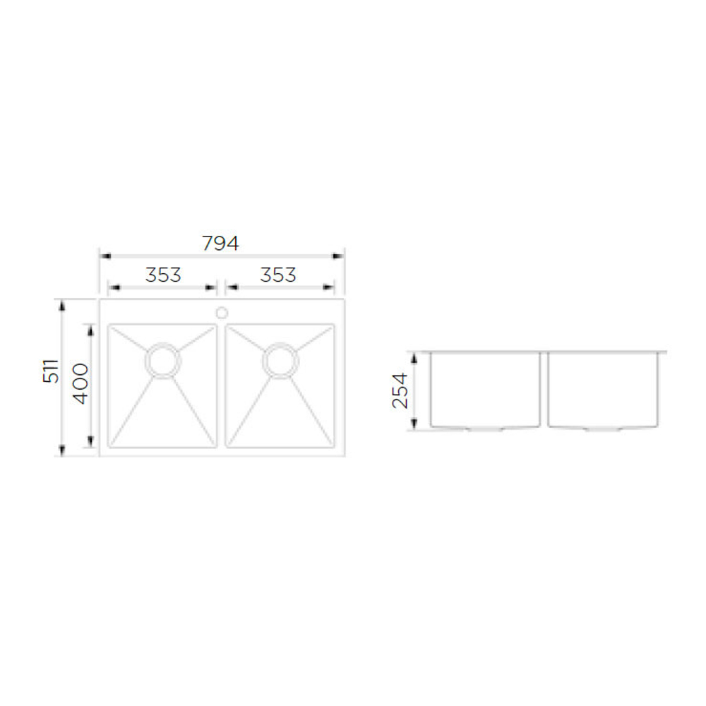 Кухонная мойка, 794x511x254 мм, 2 чаши