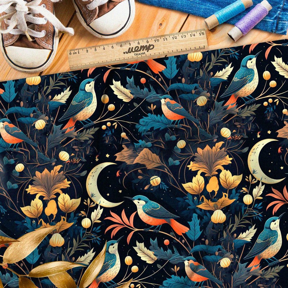 Ткань бифлекс  полуночные лунные птицы