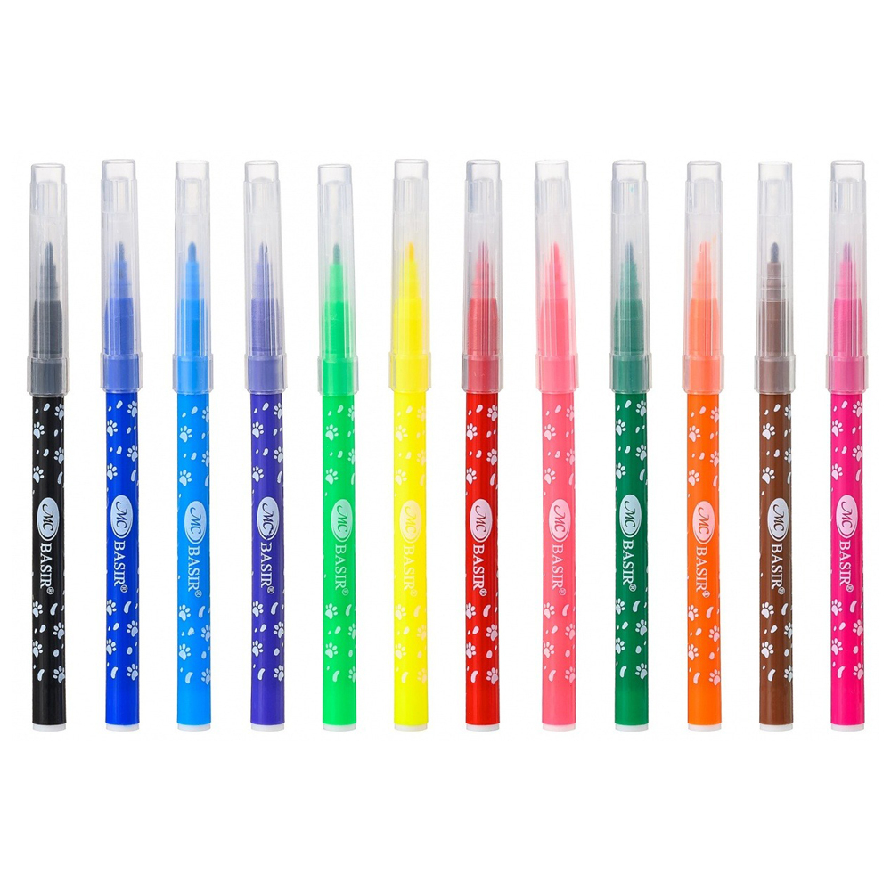 Фломастеры Basir, серия "Змея", цветной корпус с лапками, разноцветные чернила, набор 12 шт