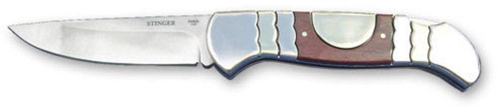Нож складной Stinger, 95 мм (серебристый), рукоять: сталь/дерево (серебр.-корич.), коробка металл
