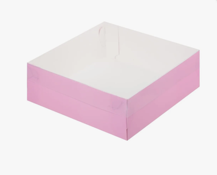 Коробка для зефира, тортов и пирожных с пластиковой крышкой 200*200*70мм (РОЗОВАЯ мат.)НОВИНКА