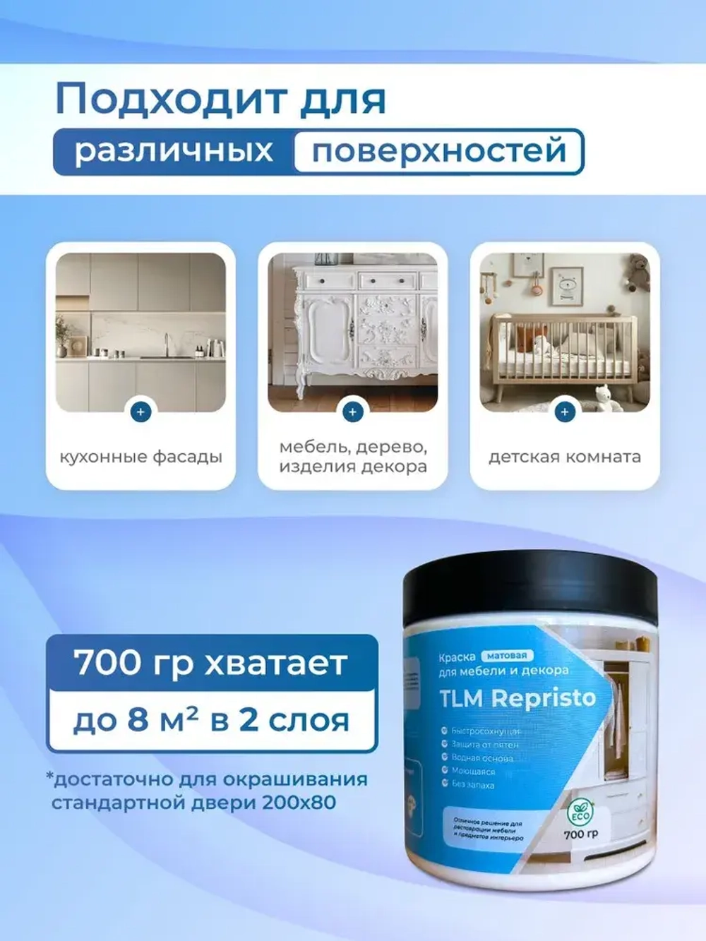 Краска для мебели TLM Repristo - 0,7 кг без запаха, быстросохнущая, мебельная для декора, деревянных поверхностей, пластика, для кухни и кухонных фасадов, дверей. Черная