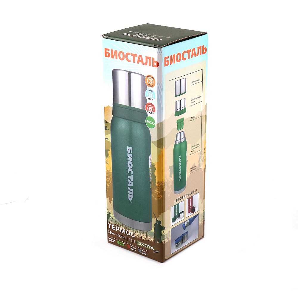 Термос &quot;Биосталь-ОХОТА&quot; с узкой горловиной, 2 чашки, 1,0 л/12/