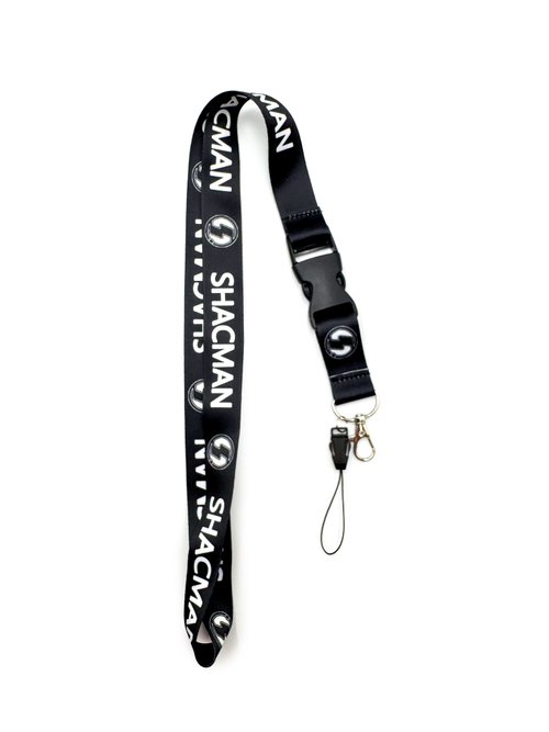 Шнурок на шею SHACMAN (ШАКМАН). Ланъярд для ключей, бейджа, телефона. Черный цвет с белым лого.