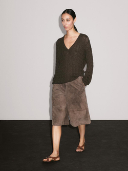 Massimo Dutti Свитер с узором «косы» и V-образным вырезом, зеленоватый