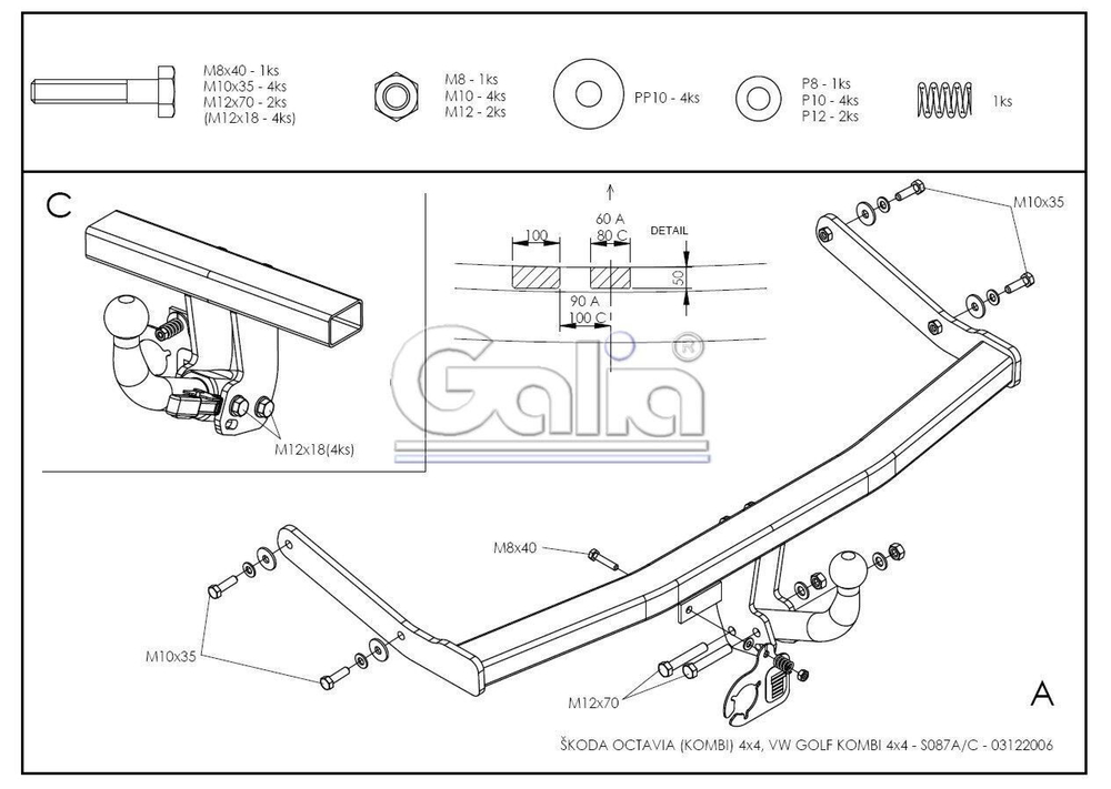 Фаркоп оцинкованный Galia S087A для Skoda Octavia седан, купе, универсал, Volkswagen Golf IV универсал 1997-2005(паспорт и сертификат в комплекте)(без электрики)