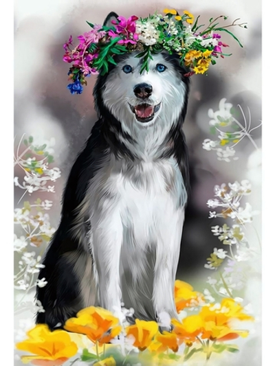 Алмазная мозаика 17*22см. квадрат. с подр. "Хаски с венком цветов" с полным заполн.20цв. (Арт.НД-077
