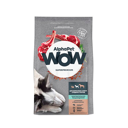 Сухой корм для взрослых собак средних пород с чувствительный пищеварением с ягненком и бурым рисом AlphaPet WOW