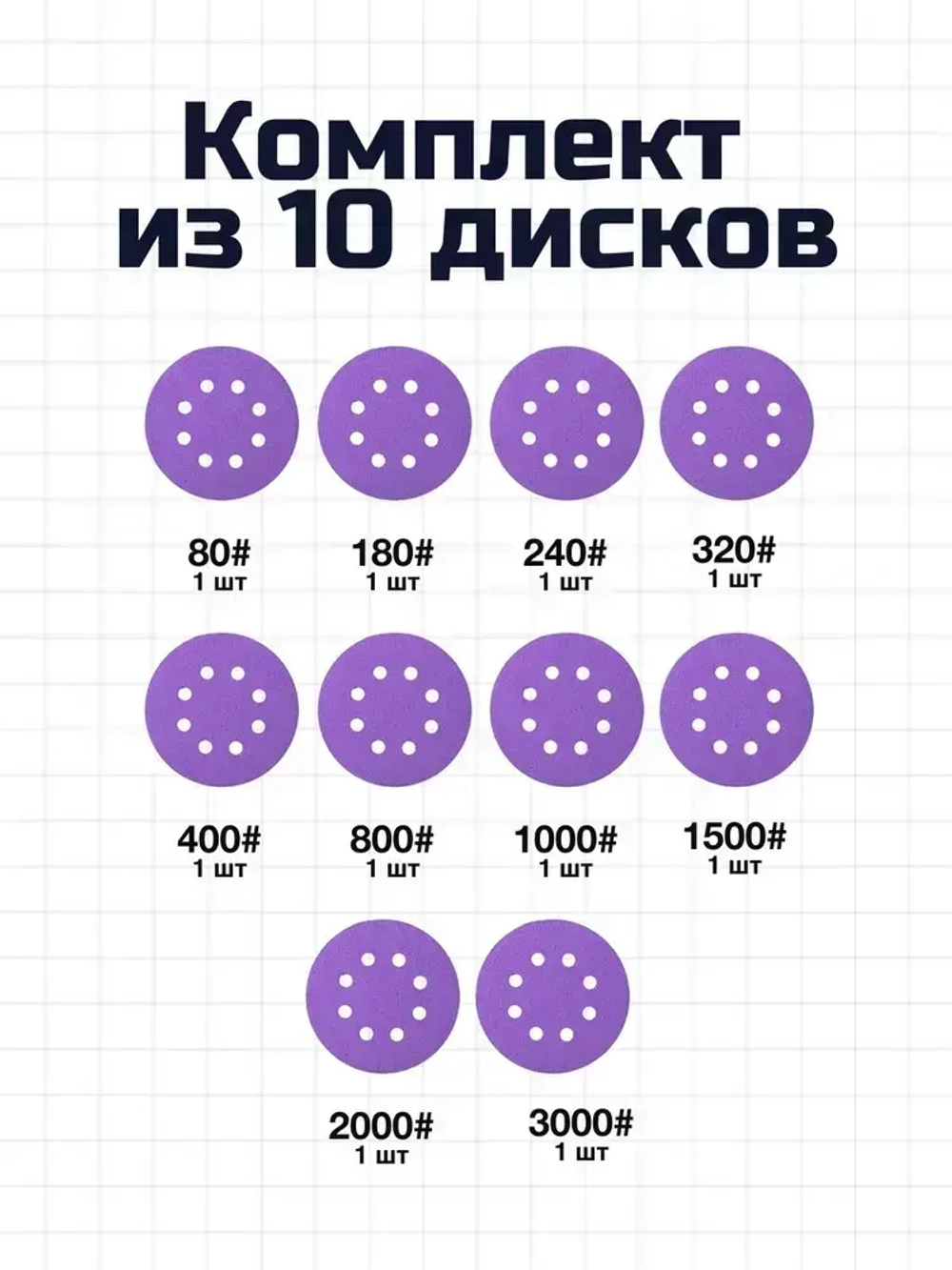 Круг шлифовальный, Диск шлифовальный на липучке с отверстиями 125 мм, 10 штук, по 1 штуке разной зернистости - от Р80 до Р3000